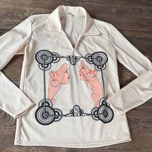 Jaam vintage 70’s dagger collar popover two women’s faces print size S/M